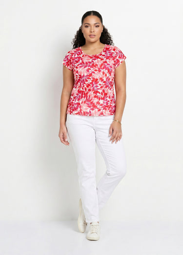 T-shirt manches courtes imprimé feuillage col rond Rouge/Rose