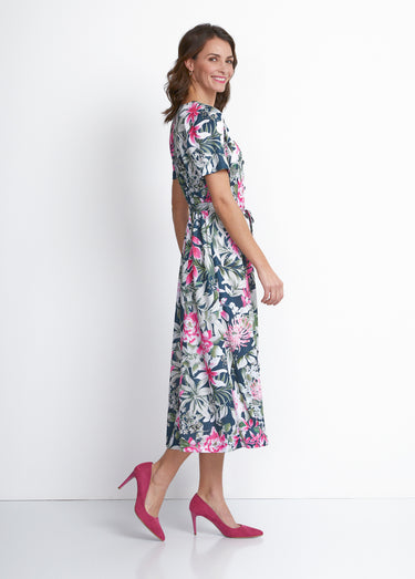 Robe boutonnée mi longue imprimée Marine/Fuchsia