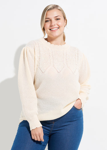 Pull col V maille fantaisie et sequins Ecru