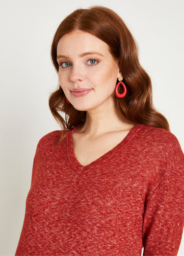 Pull tunique chiné long col V avec laine Brique
