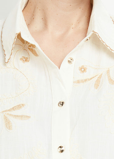 Chemisier avec lin, broderies et festons Ecru/Beige