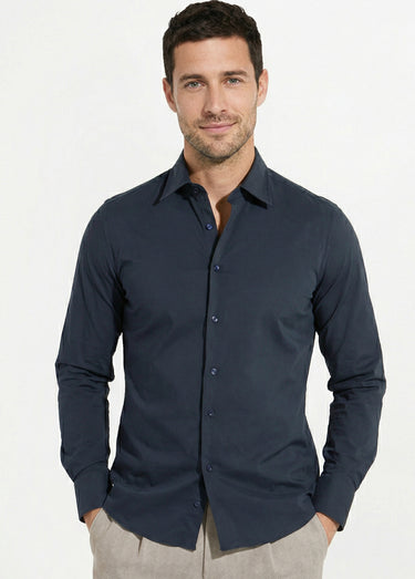 Chemise en coton stretch, col à pointes Marine