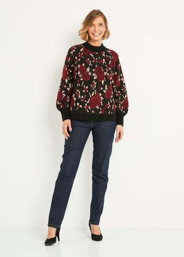 Pull chaud col montant raglan jacquard fleuri Noir/Rouge