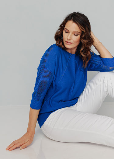Pull en maille ajourée, manches 3/4 Bleu