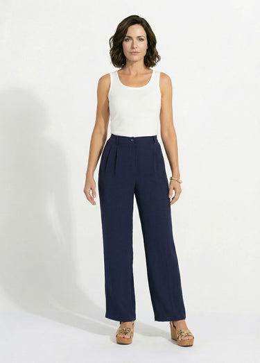 Pantalon large à pinces taille élastiquée Marine