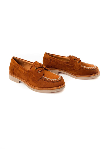 Derbies aspect suédine, détails brodés Camel