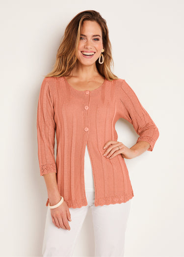 Cardigan boutonnée long ajouré Abricot