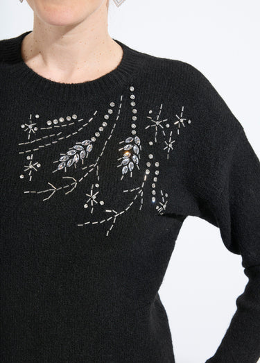 Pull doux col rond avec strass et sequins Noir