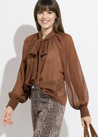 Chemisier voile uni avec col lavallière Chocolat