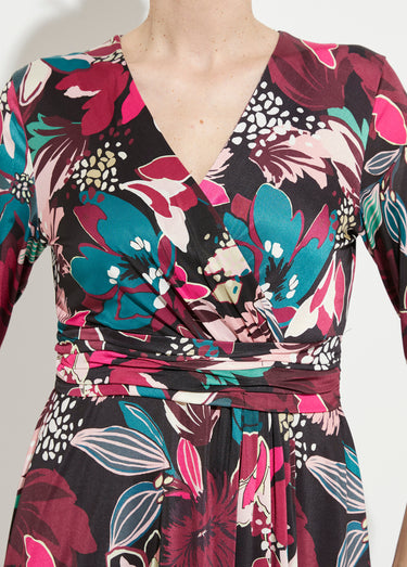 Robe cache-coeur courte évasée imprimé fleurs Imprime Fuchsia