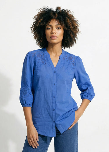 Chemisier long coton brodé manches 3/4 Bleu