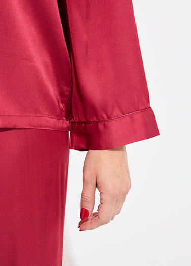 Pyjama long col tailleur en satin uni Bordeaux