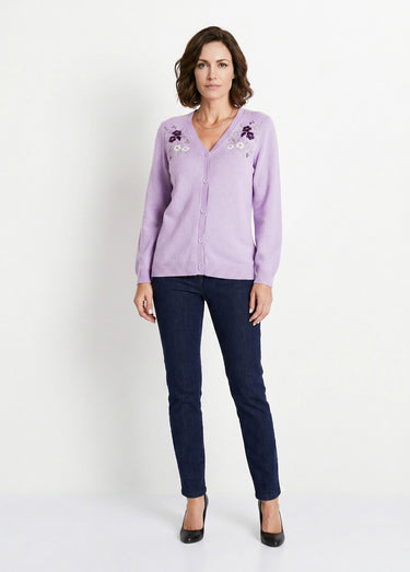Gilet doux uni col V boutonné court brodé Lilas