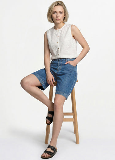 Bermuda femme en denim, coupe trapèze Bleu moyen / Clair