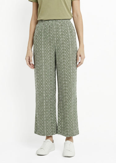 Pantalon large coton, broderie anglaise Kaki