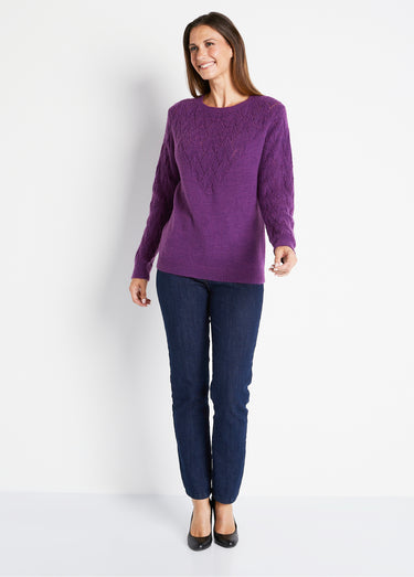 Pull doux uni col rond maille fantaisie Violine