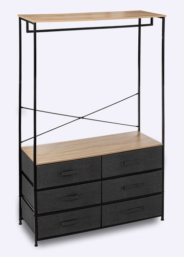 Penderie métal et bois + 6 tiroirs tissu Noir gris bois