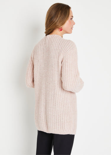 Gilet long uni bord à bord grosse maille Beige Rose