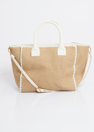 Sac trapèze en jute, poignées coton Blanc