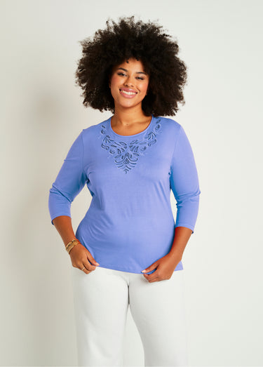 T-shirt court brodé manches 3/4 Bleu