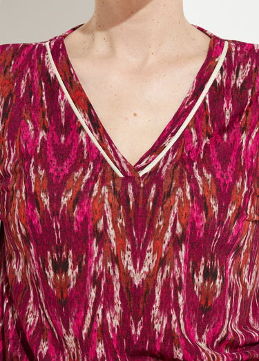 Robe courte imprimée col V manches longues Cassis/Beige