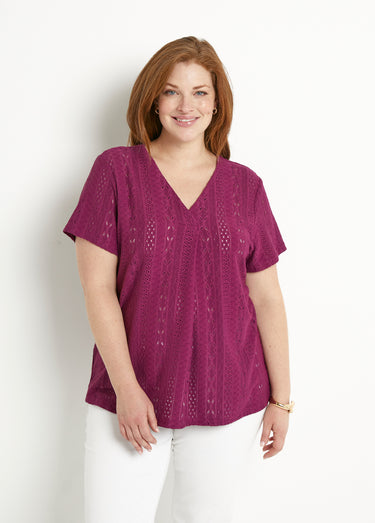 T-shirt ample col V uni effet broderie Cassis