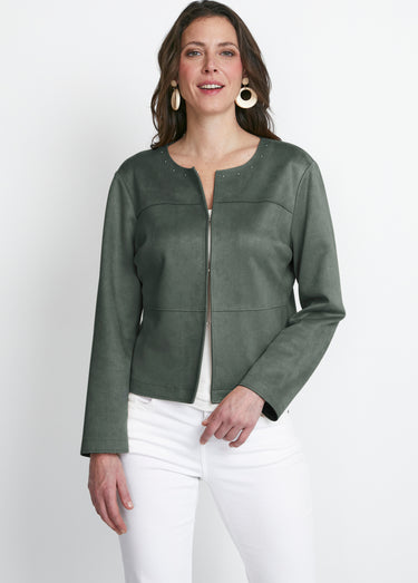 Veste sans col en tissu suédé Kaki Fonce