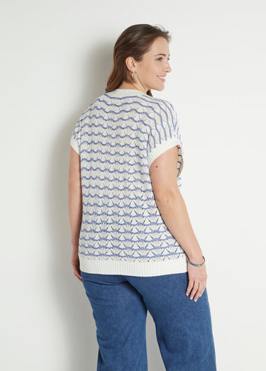 Pull sans manches col V ajouré bicolore Ecru/Bleu