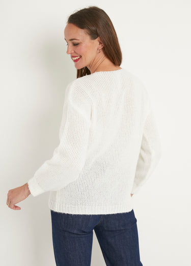 Pull court ample col rond grosse maille Ecru