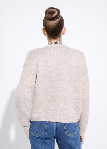 Gilet col rond avec laine, boutons métal Beige