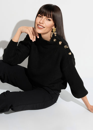 Pull col montant boutons bijou métal Noir