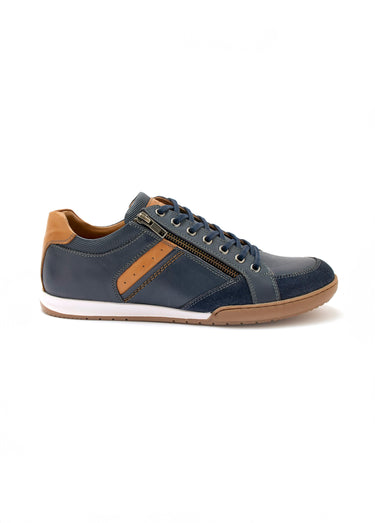 Baskets en cuir multimatières lacets et zip Marine