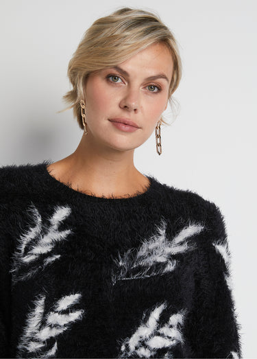 Pull jacquard maille poilue manches longues Noir/Ecru