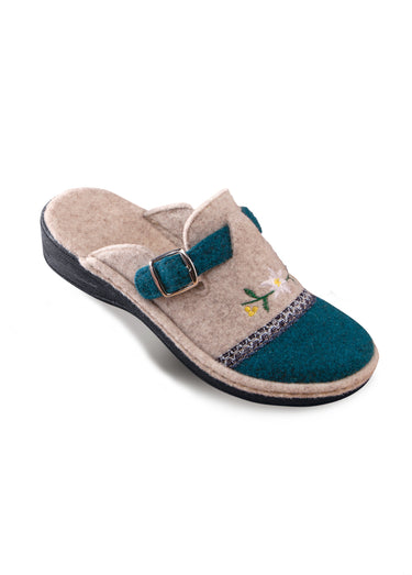 Chaussons mules brodés largeur confort Beige/Bleu