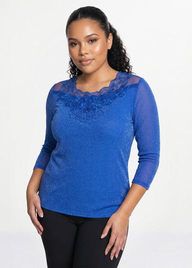 T-shirt manches 3/4 brodé brillant Bleu Cobalt