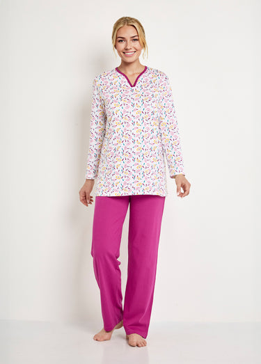 Pyjama col V imprimé manches longues coton Imprime Prune