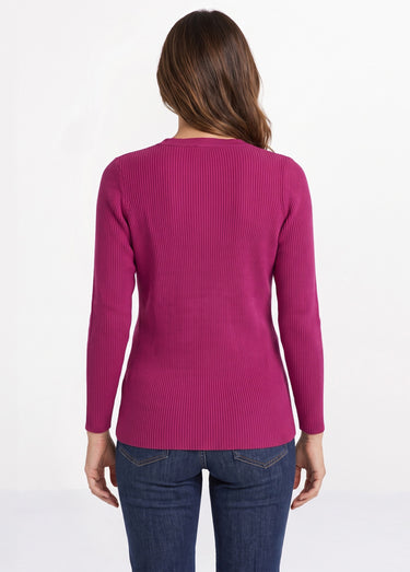 Pull fin uni maille côtelée col V Cyclamen