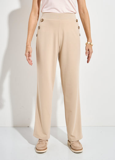 Pantalon large uni taille semi-élastiquée Beige