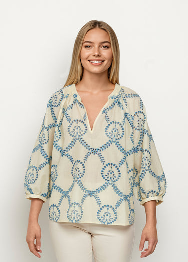 Blouse ample broderies ajourées manches 3/4 Ecru