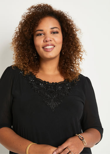 T-shirt long ample résille brodée Noir