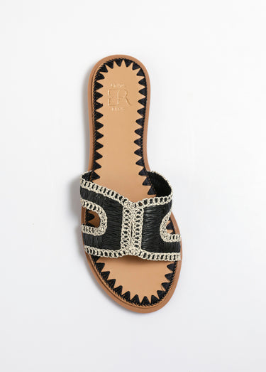 Sandales mules plates ethniques en paille Noir