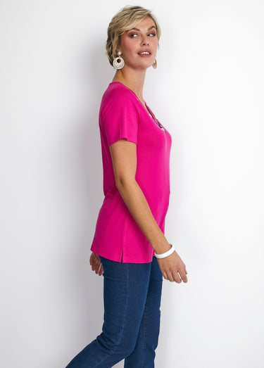 Tee-shirt long col V bijou Fuchsia