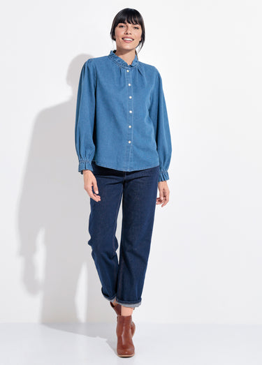 Chemise en denim boutonnée, col volanté Denim