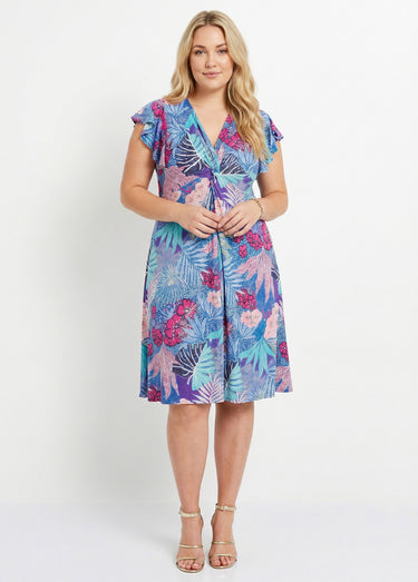 Robe courte évasée col V drapé Bleu/Fuchsia