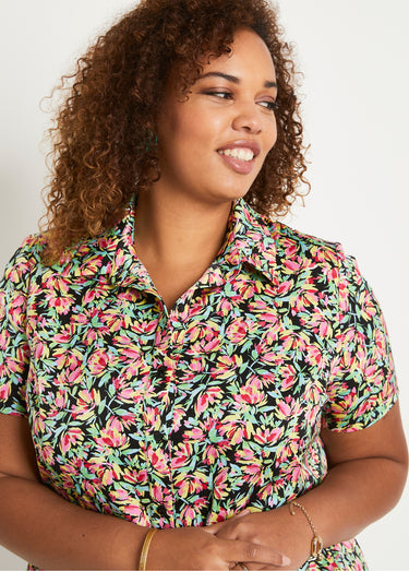 Chemisier manches courtes satin fleuri Vert/Rose
