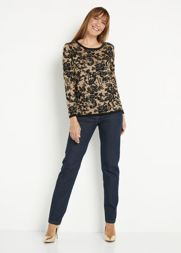 Pull chaud jacquard fleuri brillant col rond Dore/Noir
