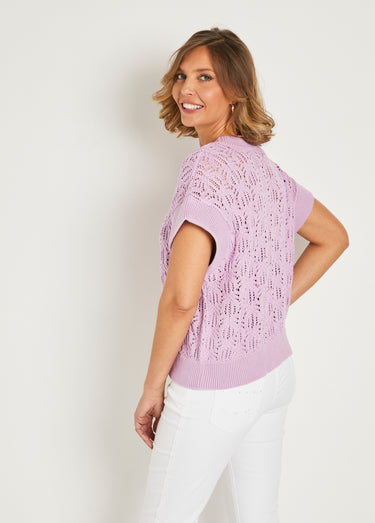 Pull maille ajourée manches courtes Lilas