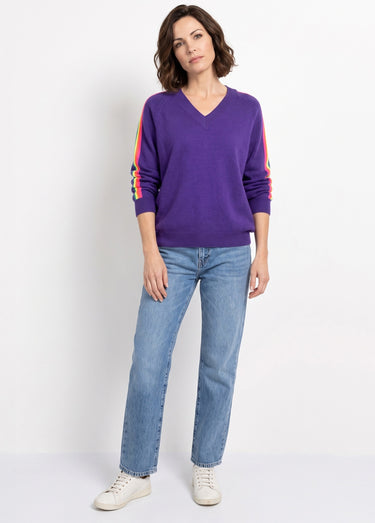 Pull col V manches lignes multicolores Violet