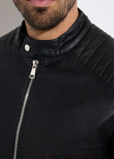 Blouson motard simili cuir détails zippés Noir
