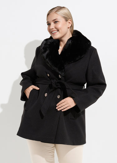 Manteau toucher laineux col fourrure Noir